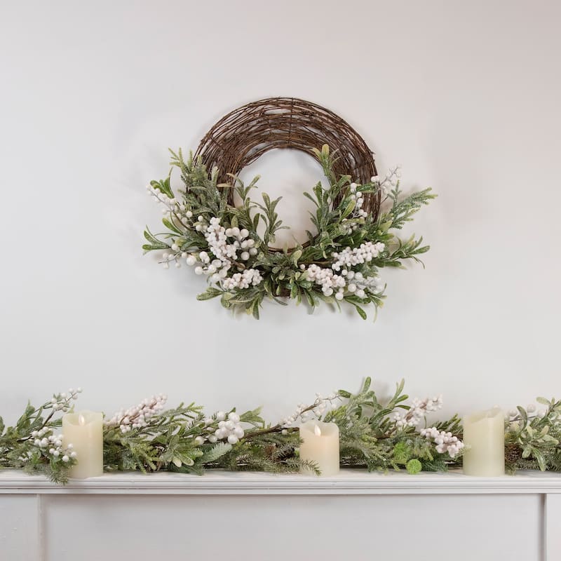 Artificial Christmas Twig Wreath Frosted Foliage Berries 24 Inch Unlit