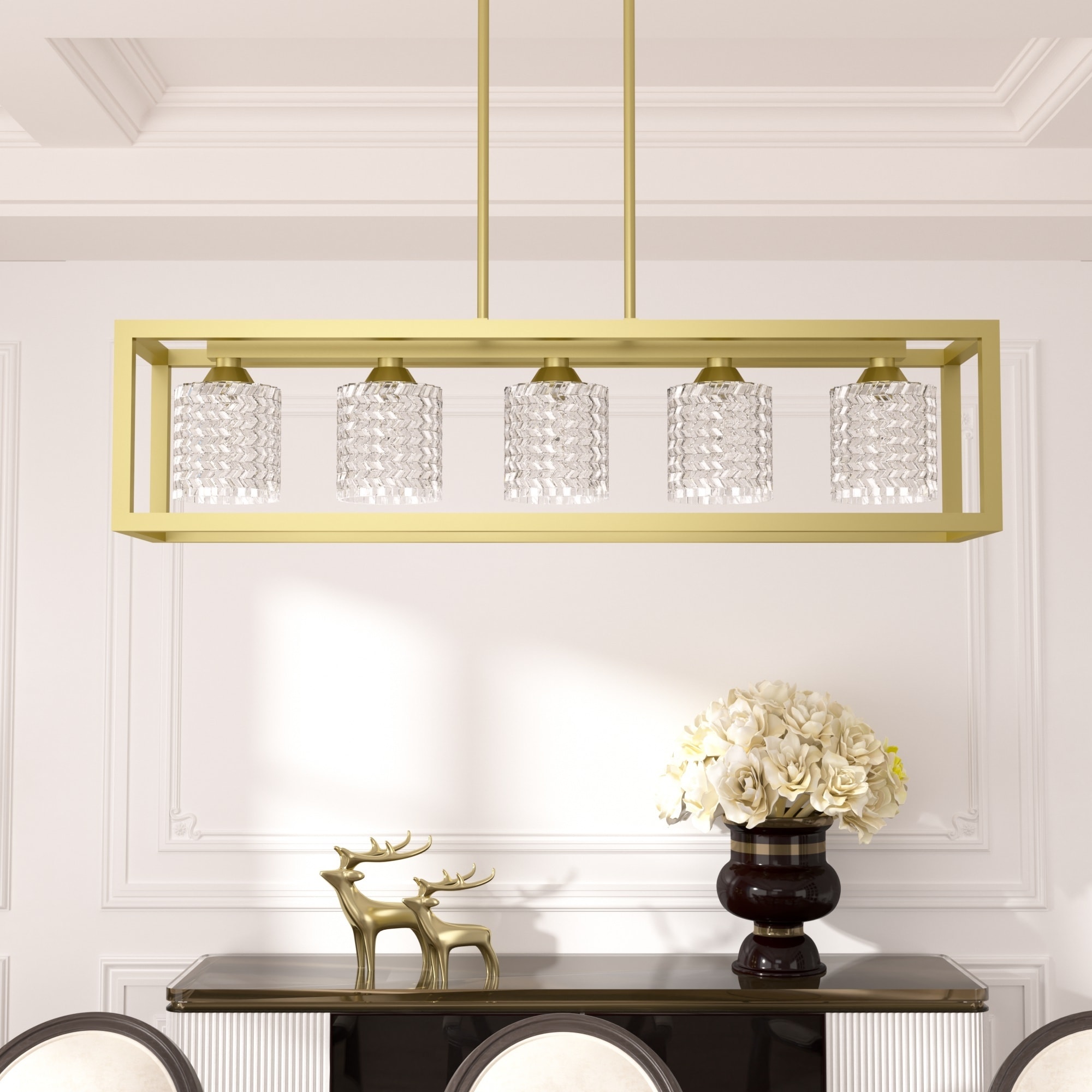 Mid-century Modern 5-light Gold Rectangle Dining Room Chandelier with Crystal Glass - UL - 37 inches