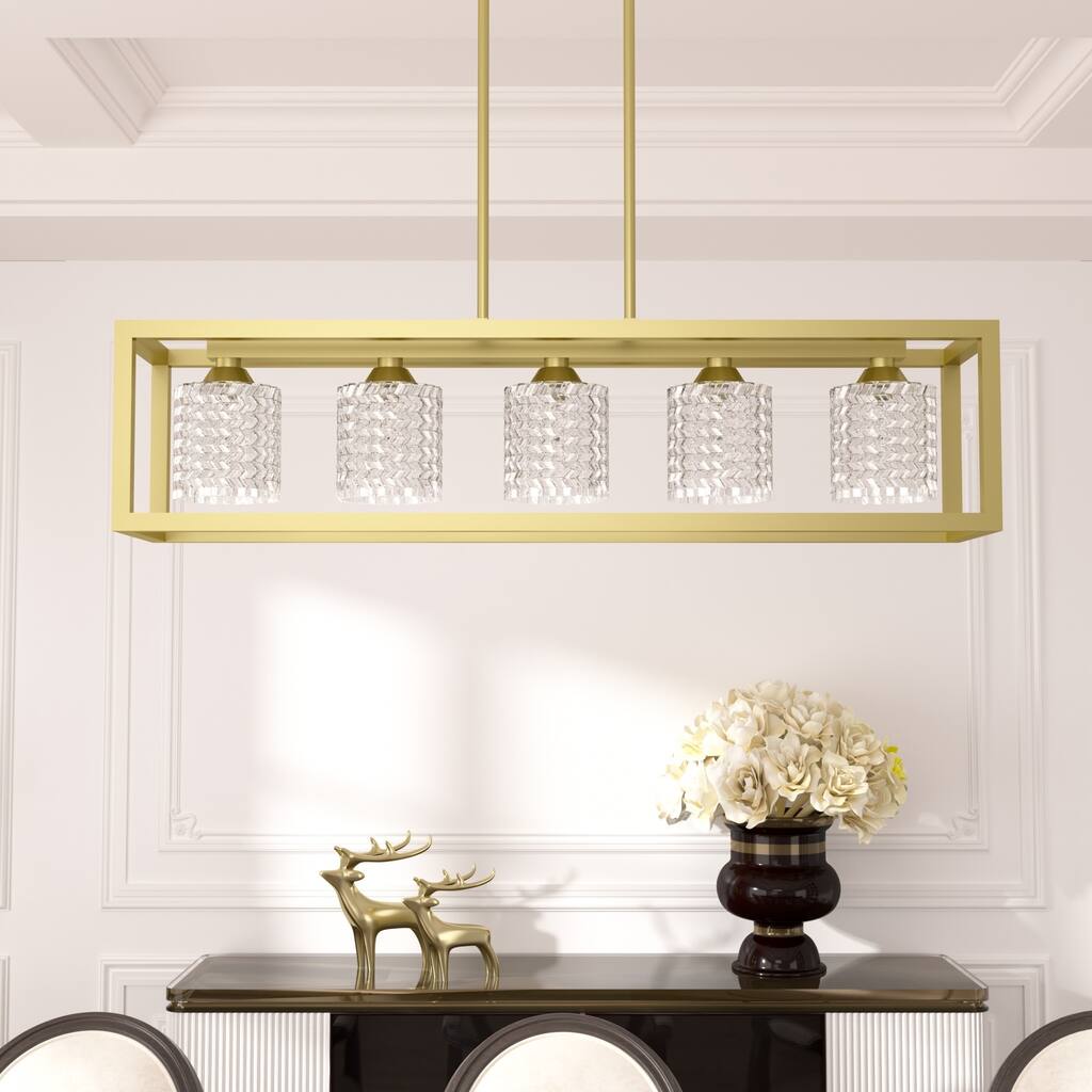 Mid-century Modern 5-light Gold Rectangle Dining Room Chandelier with Crystal Glass - UL - 37 inches
