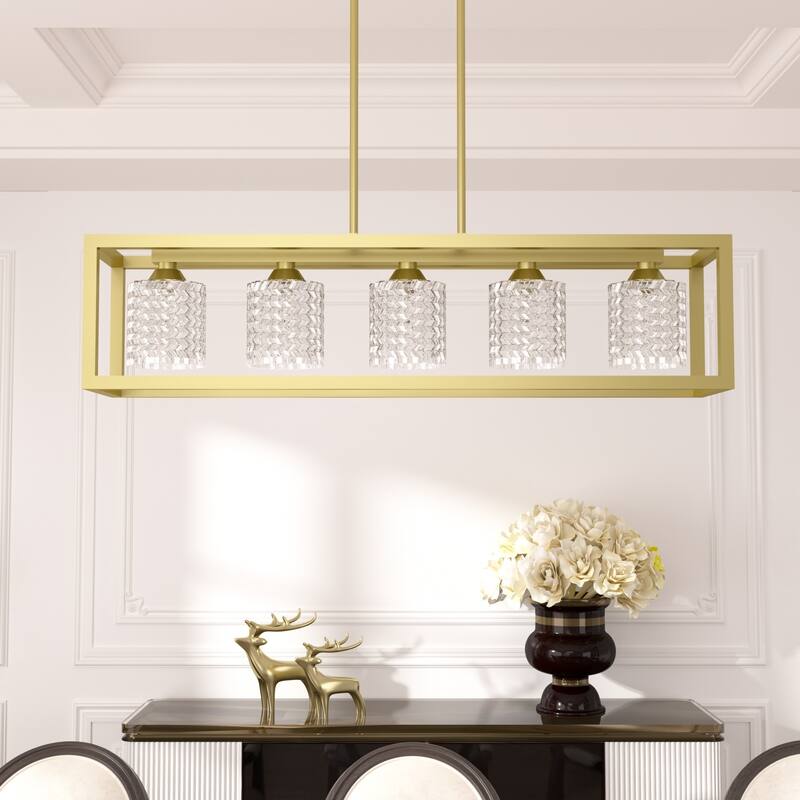 Mid-century Modern 5-light Gold Rectangle Dining Room Chandelier with Crystal Glass - UL - 37 inches