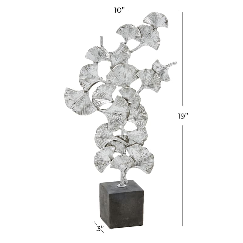 Silver Polystone Floral Decorative Sculpture with Black Block Base - 10 x 3 x 19