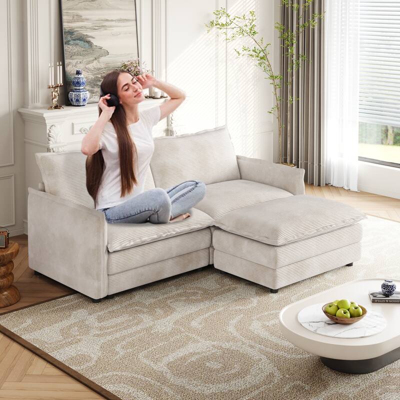 75" Corduroy Sectional Sofa with Ottoman, 2-Seater - Beige