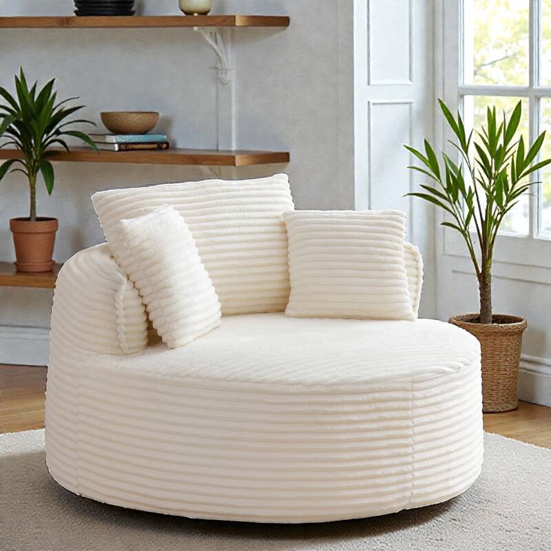 Round Accent Chair, Corduroy Boneless Deep Seat Floor Lounge Chair with 3 Pillows, No Assembly