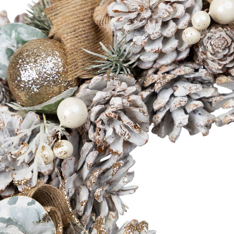 Green Pine Burlap Bows Artificial Glitter Christmas Wreath 13.75"