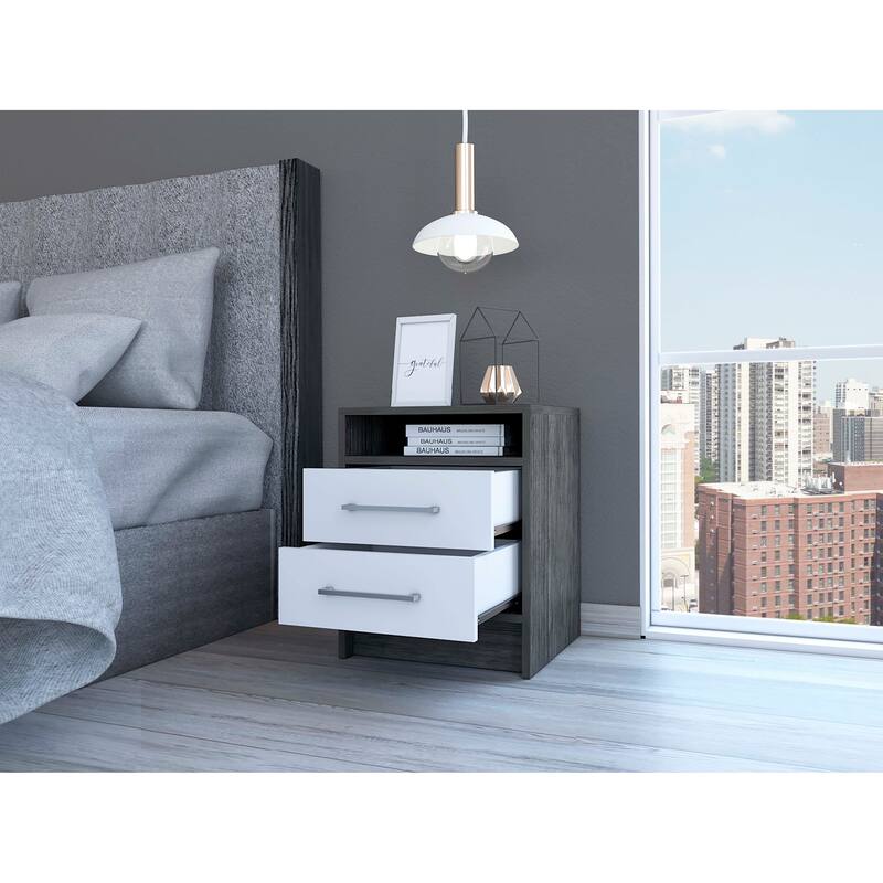 Modern Nightstand with Two Drawers and Top Shelf, Smokey Oak/White Finish, Compact and Space-Saving Design