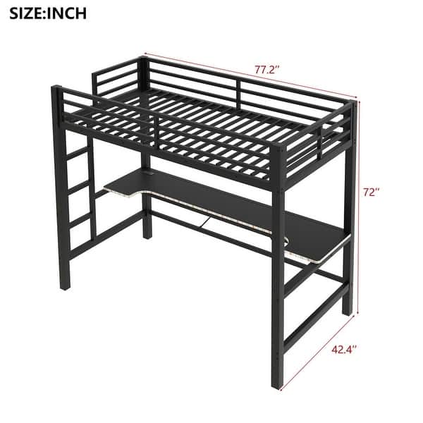 dimension image slide 0 of 4, Twin/Full Size Gaming Loft Bed with Bulit-in Desk and LED Lights, Metal Loft Bedframe with Ladder and Guardrails for Kids