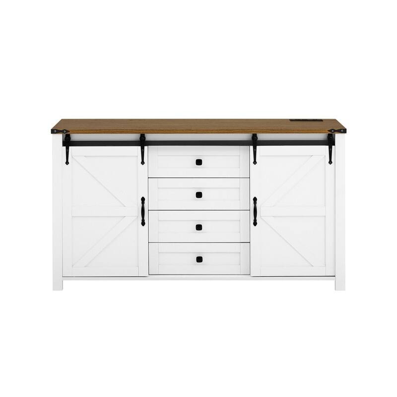 Farmhouse 55.1" Sideboard with Sliding Barn Doors and Storage Drawers, Wood Buffet Table with Power Outlet