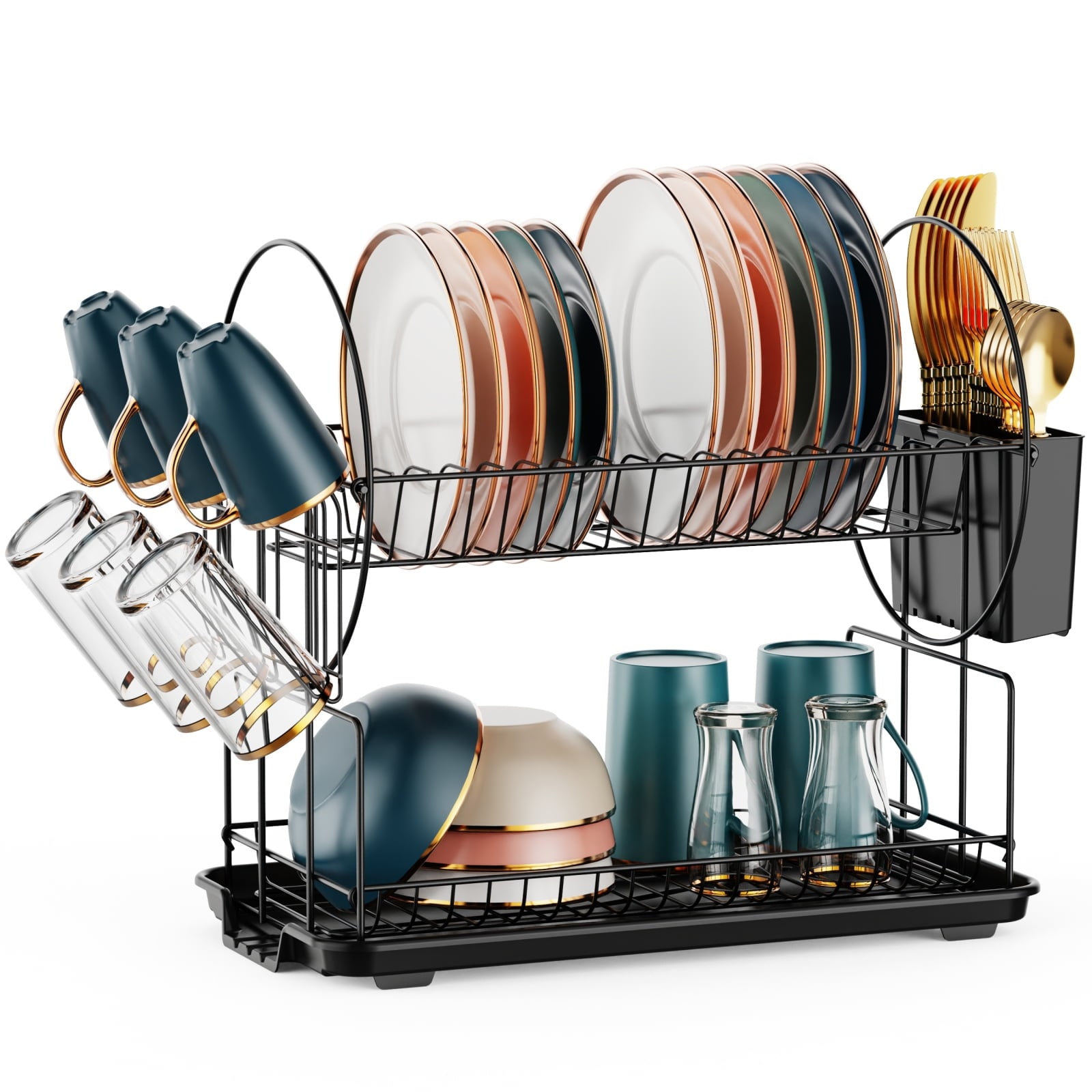 2-Tier Collapsible Dish Rack with Removable Drip Tray - Costway