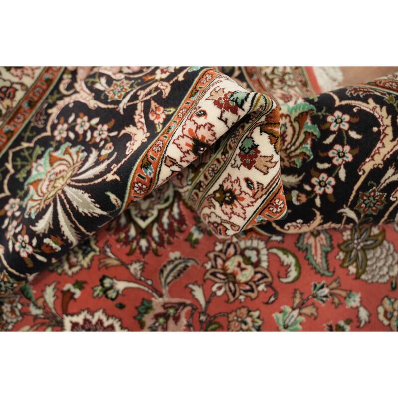 Hand Knotted Oriental Wool & Silk Carpet Traditional Floral Red Tabriz Area Rug - 13' 0'' X 9' 10''