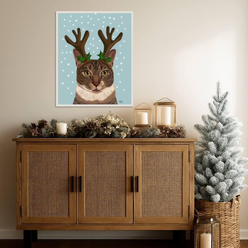 Calico Cat and Antlers by Fab Funky (23 x 28 in.), Framed Canvas Wall Art Print - Sylvie Beaded White