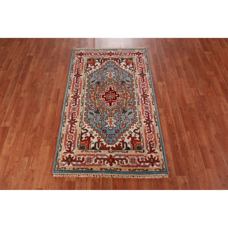 Light Blue Heriz Serapi Indian Foyer Rug Hand-Knotted Wool Carpet - 3'0"x 5'1"