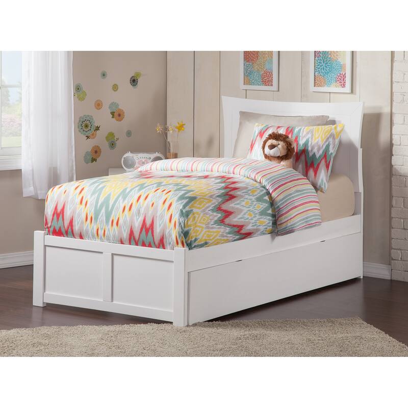 Twin Platform Bed with Trundle & USB Charger - White Finish, Curved Headboard, Extra Sleeping Space