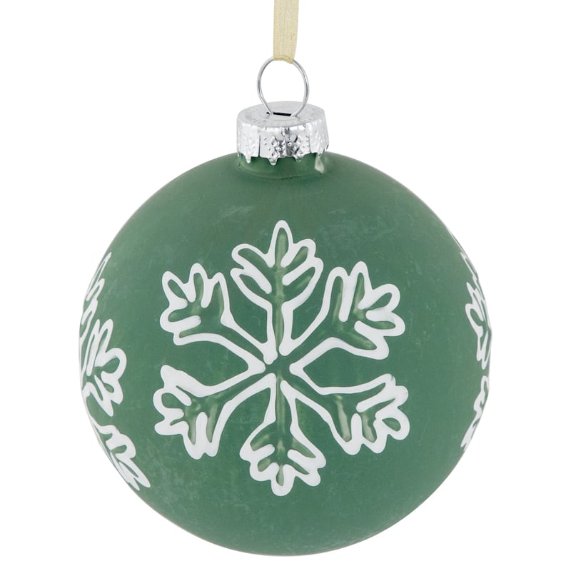 4Ct Green Glass Christmas Ball Ornaments With White Snowflakes 3" 80mm