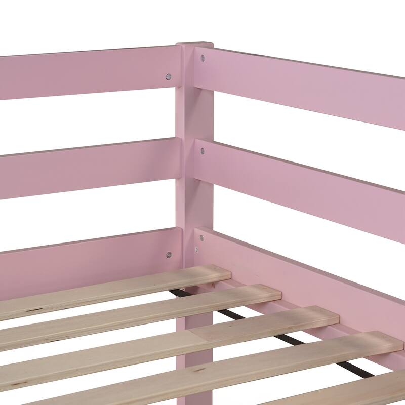 Wooden Twin over Twin Floor Bunk Bed with Ladder, with Bed Platform of Strengthened Slats