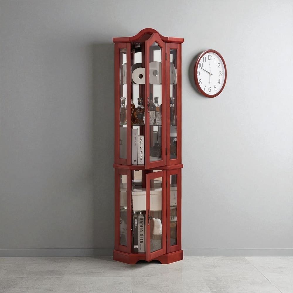 Lighted Corner Curio Cabinet with Tempered Glass Doors, Adjustable Shelves, Oak Finish Display Storage for Home Decor