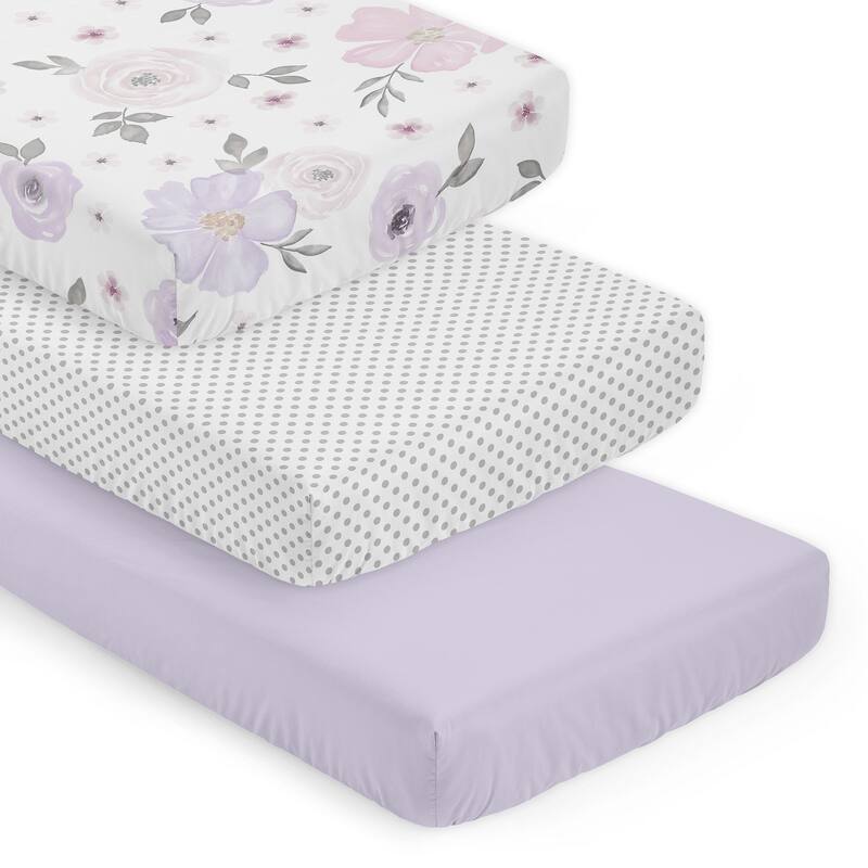 Sweet Jojo Designs Purple Boho Floral Girl 3 Pack Fitted Crib Sheets - Solid Lavender, White/Grey Polka Dots & Bohemian Shabby