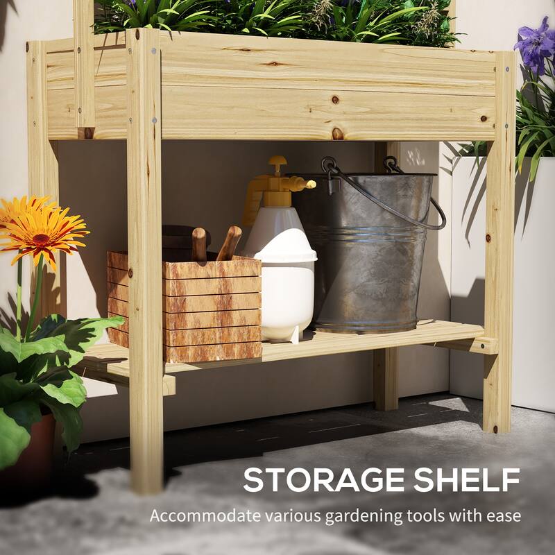 Outsunny Wooden Raised Garden Bed with Trellis, Elevated Planter Box with Storage Shelf, Outdoor Flower Box