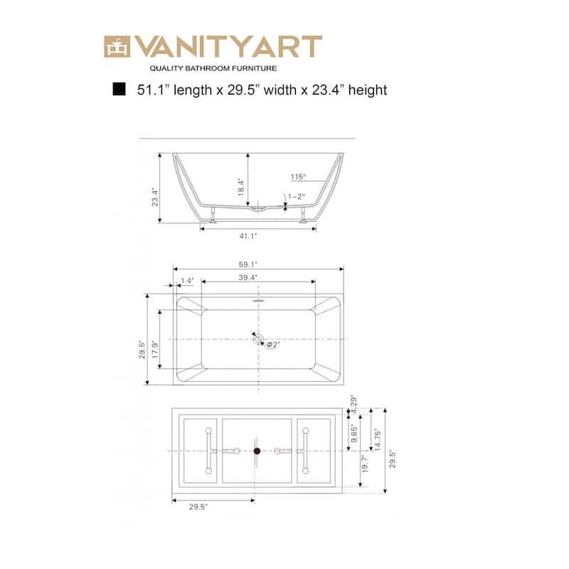 Vanity Art 59 x 30 Inch Freestanding Acrylic Soaking Bathtub with Slotted Overflow & Pop-up Drain