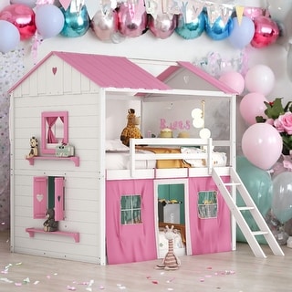 Playhouse Design Full Size Bunk Wood House Bed with Elegant Windows, Sills and Tent