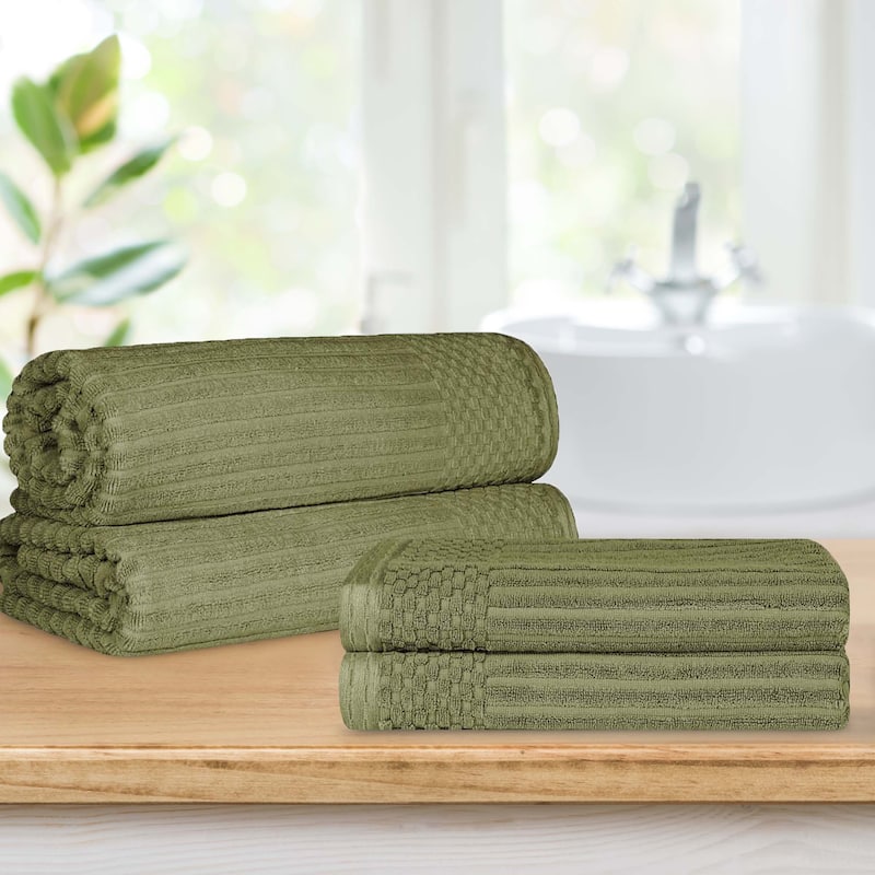 Superior Ribbed Cotton Absorbent Heavyweight Bath Sheet and Bath Towel Set - Sage