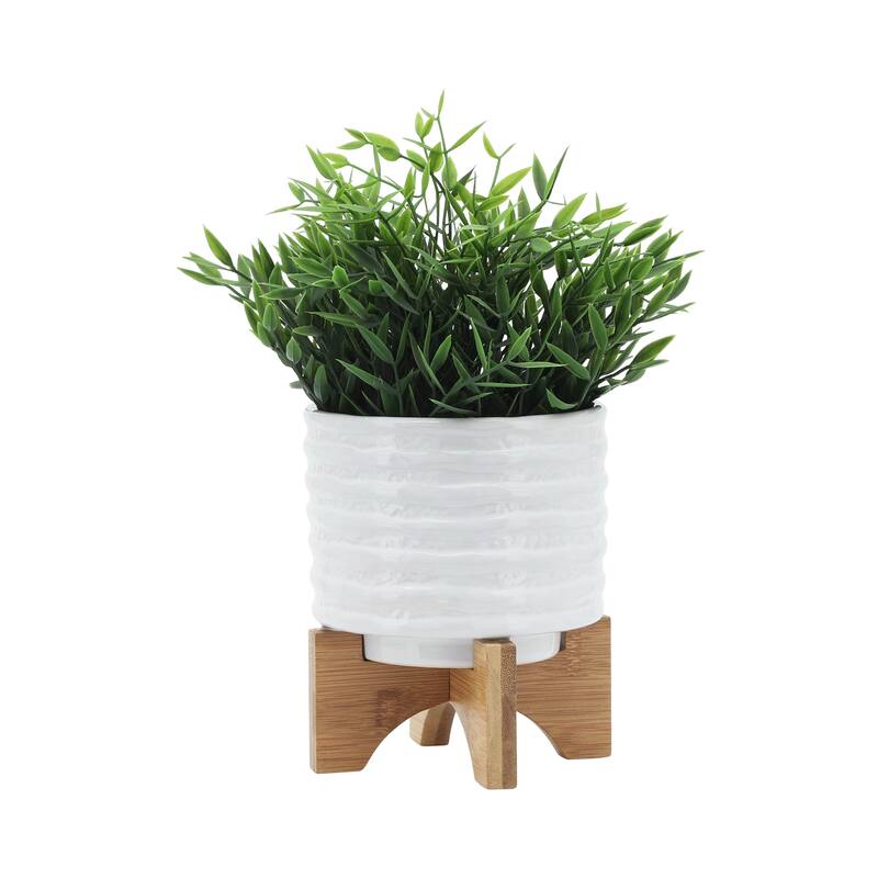 Sagebrook Home Modern Textured Ceramic Planter with Stand Indoor Outdoor - 6"x6"x8" - White