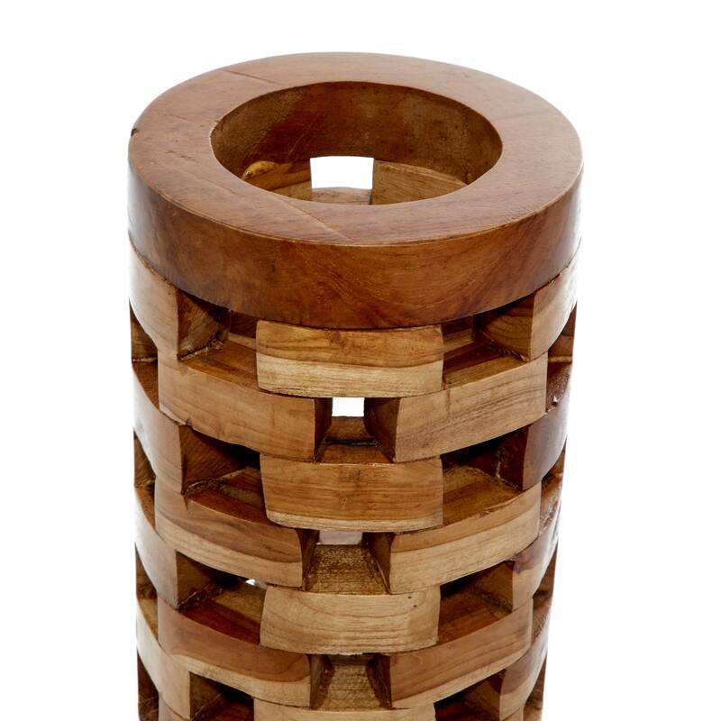 Brown Teak Wood Handmade Decorative Vase with Cut Out Patterns (Set of 2)