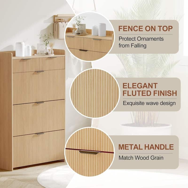 Modern Fluted Slim Shoe Storage Cabinet Organizer with 3 Flip Drawers for Apartment