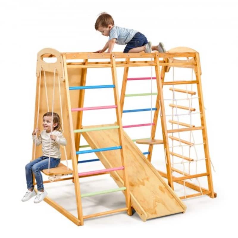 Colorful 9 in 1 Indoor Playground Jungle Gym for Kids with Extended Slide Swing Climbing Net Monkey Bars and 250 lbs Capacity