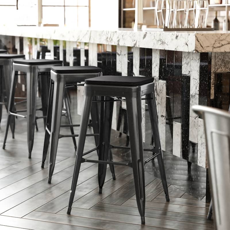 All-Weather Backless Commercial Bar Stool with Poly Resin Seat - Black/Black - Bar Height - 29-32 in.