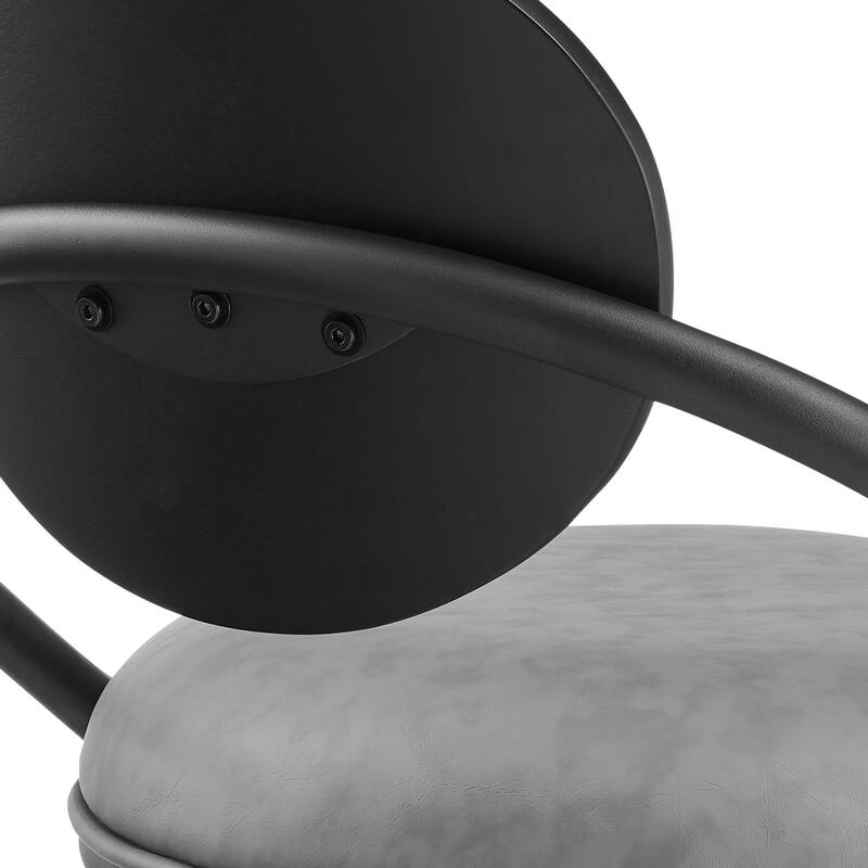 Carny Swivel Barstool Chair, Black Iron, Wood Back, Gray Faux Leather