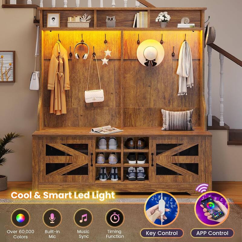 Hall Tree w/ Bench Shoe Storage Shoe Cubby Barn Door Adjustable Shelf