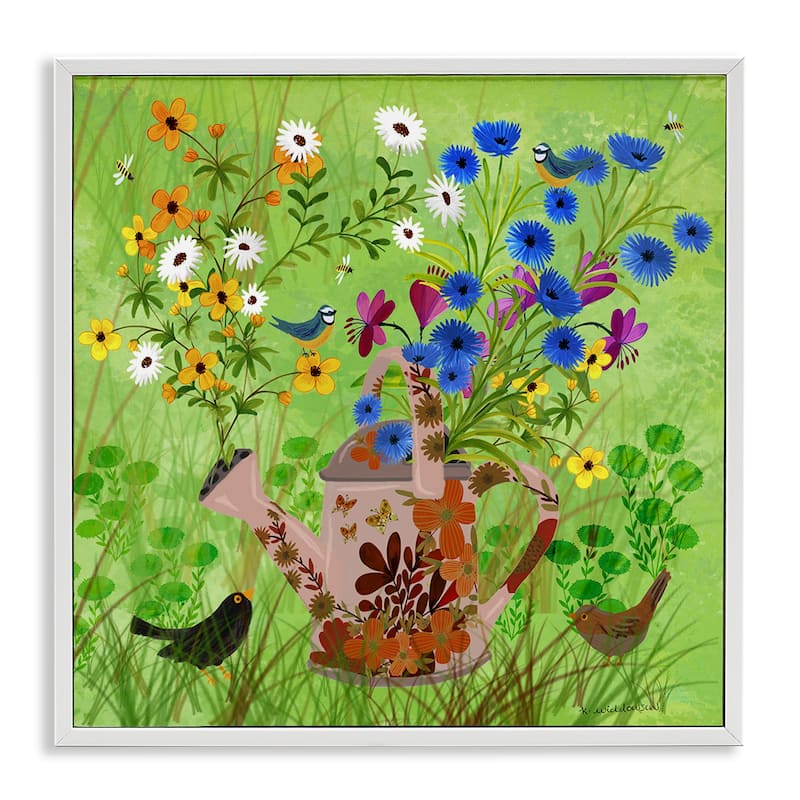 Stupell Bright Gardening Can & Birds Framed Giclee Art Design By Kay Widdowson - 12 x 12 - White