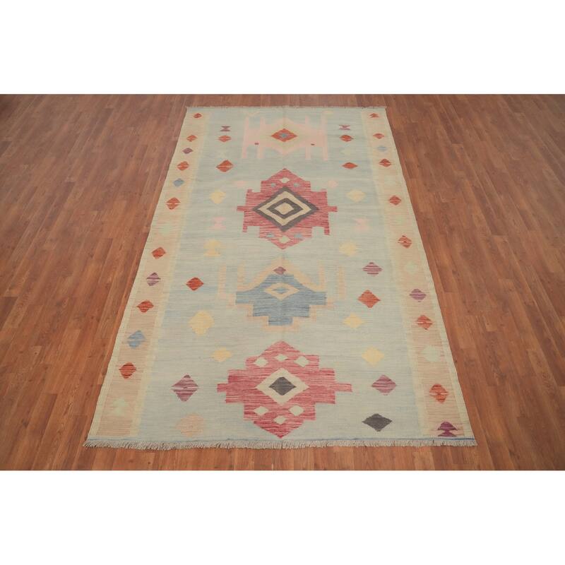Hand Woven Oriental 100% Wool Carpet Southwestern Tribal Navy Blue & Blues Kilim Area Rug - 9' 0'' X 5' 5''