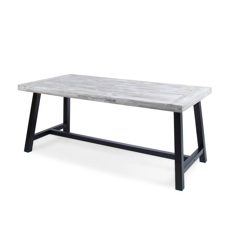 Roomfitters Outdoor Acacia Wood Dining Table with Rustic White Metal Sled Legs, Slat Top
