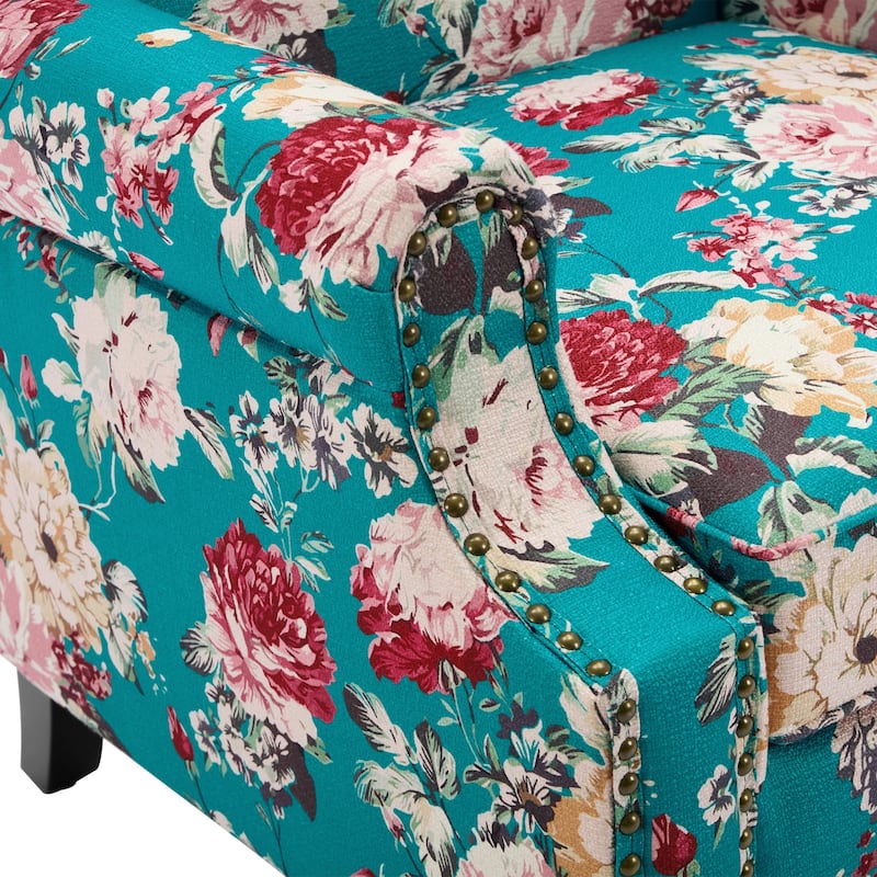 Traditional Floral Patterned Wingback Armchair with Nailhead Trim