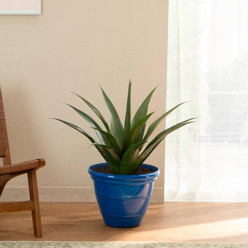 Glitzhome Set of 2 Round Cobalt Blue/Turquoise/Red Faux Ceramic Pot Plastic Planter