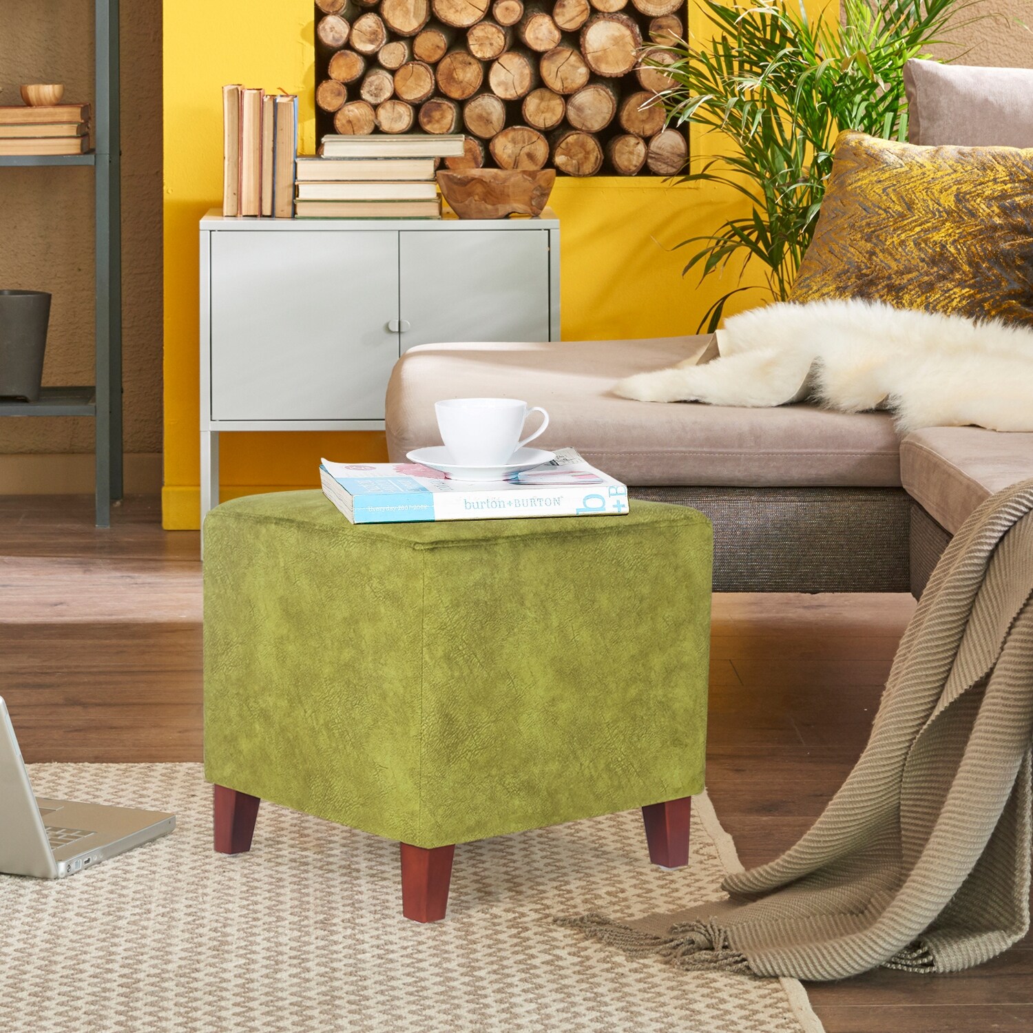 Adeco Square Ottoman Footrest Stool Small Fabric Bench Seat - On