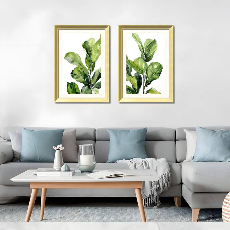 Set of 3 Green Leaf Botanical Framed Wall Art - Replaceable Canvas Prints with Solid Wood Picture Frames, Modern Plant