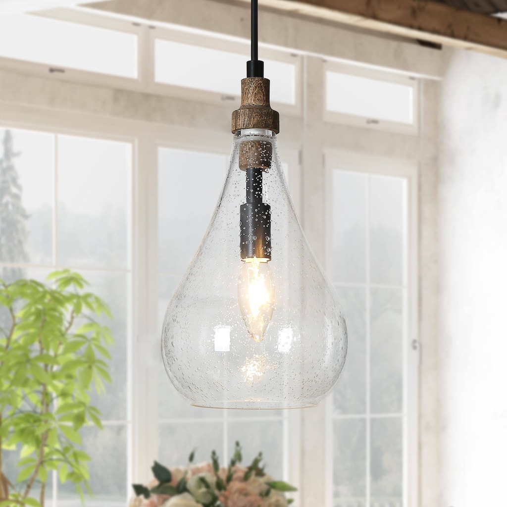 Modern Farmhouse Single Teardrop Seeded Glass Kitchen Island Pendant with Wood Accent - D 6'' x H 72''