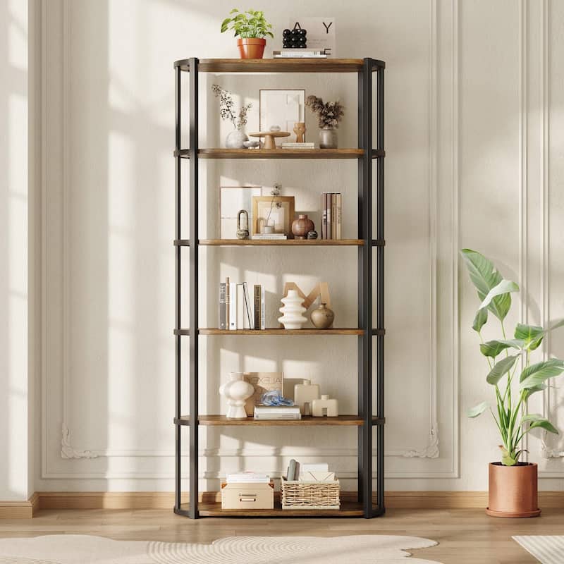71 Inch Industrial Wooden Bookshelf - 6 Tier Tall Bookcase, Metal Frame Large Storage Shelf