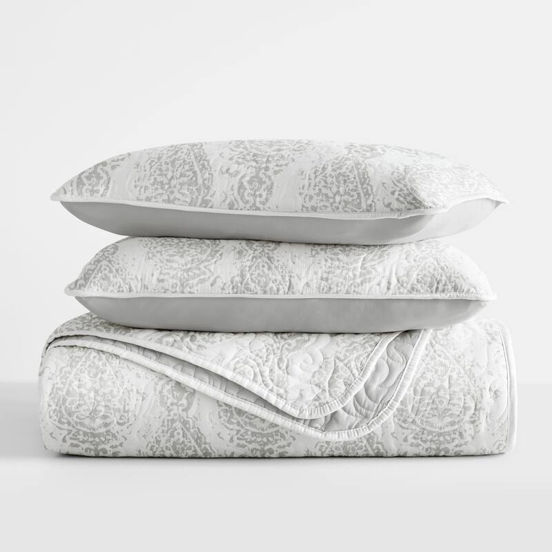 Becky Cameron All Season 3 Piece Distressed Damask Reversible Quilt Set with Shams - Light Grey - King