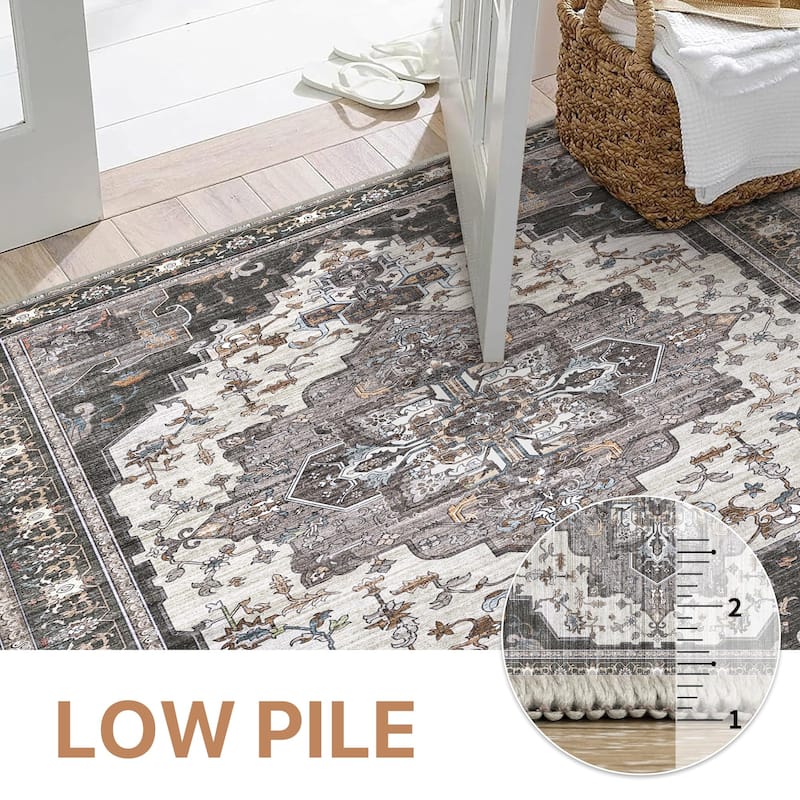 Mcow Retro Floral Medallion Low Pile Lightweight Non Slip Area Rug