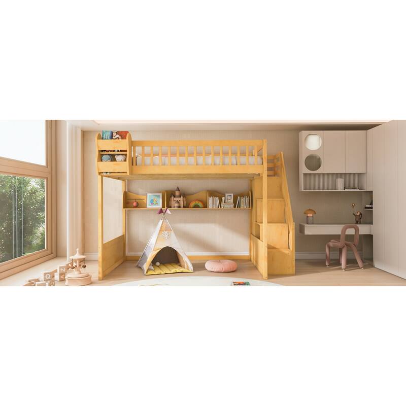 Roomfitters Queen Size Loft Bed with Wardrobe, Storage Staircase and Shelves