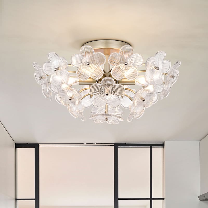 Rosa Modern 6-Light 17.7" Glam Clear Glass Flower Crystal Flush Mount - Brushed Silver-ish Champagne