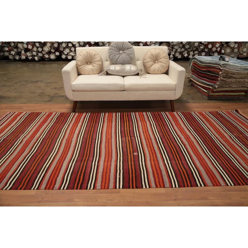 Hand Woven Oriental 100% Wool Carpet Southwestern Geometric Oranges & Rust Kilim Area Rug - 11' 0'' X 5' 2''