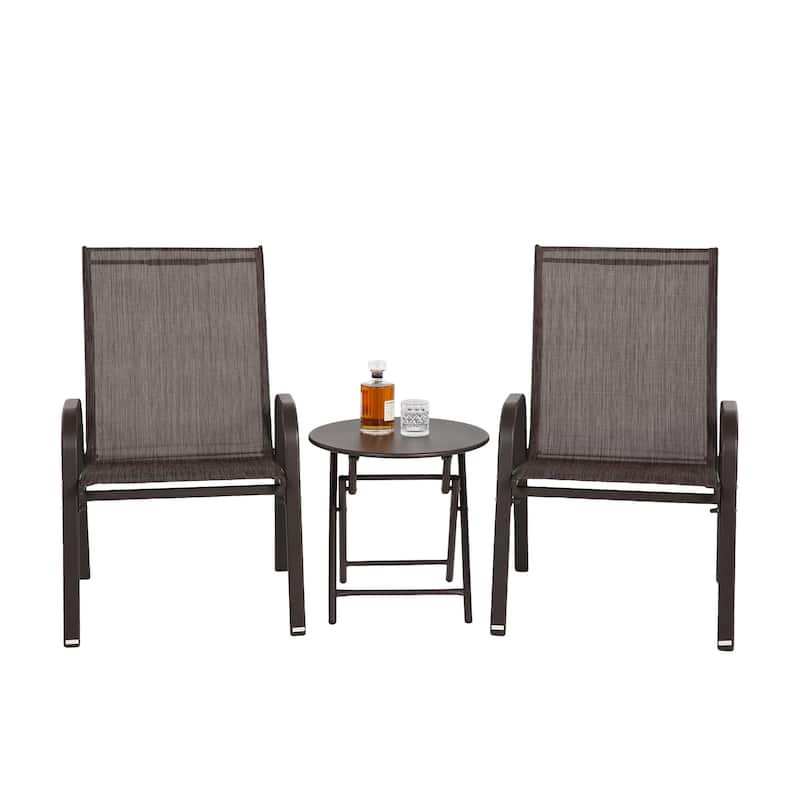 3-Piece Patio Bistro Set w/ 2 Camping Chairs, Steel Top Folding Table - Brown
