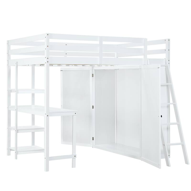 Full Pine Loft Bed with Wardrobe, Desk, Shelves, and Guardrail