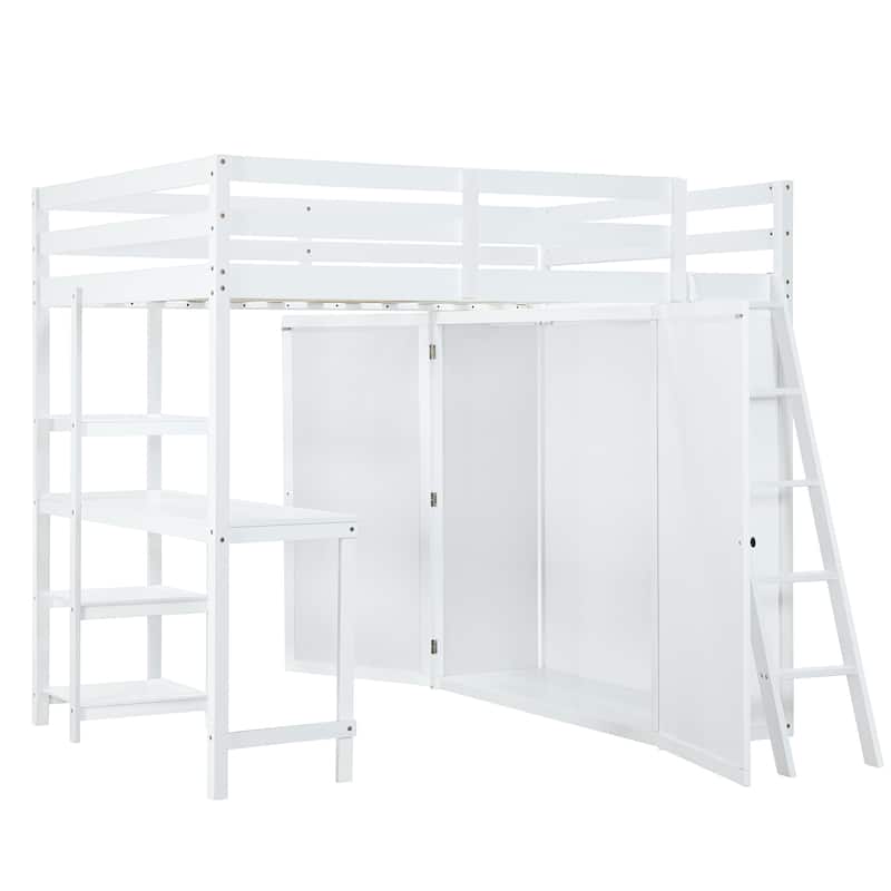 Twin/Full Size Loft Bed with Wardrobe and Desk, Durable Rubber Wood Frame