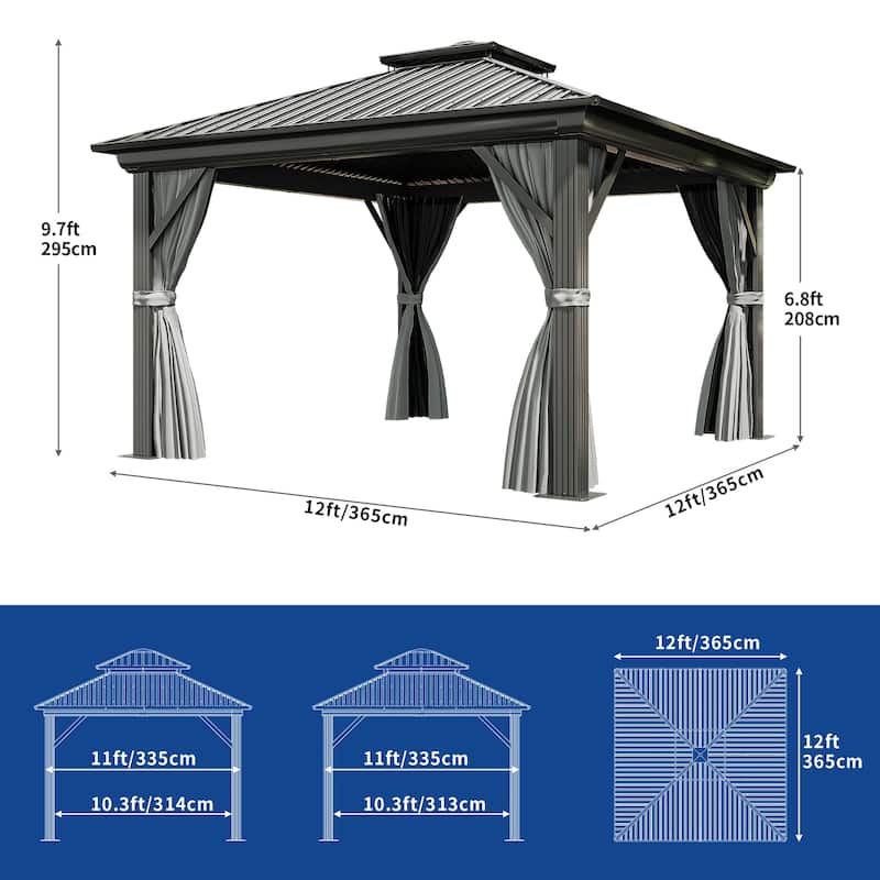 2-Tier Galvanized Aluminum Hardtop Canopy Gazebo with Netting and Curtains