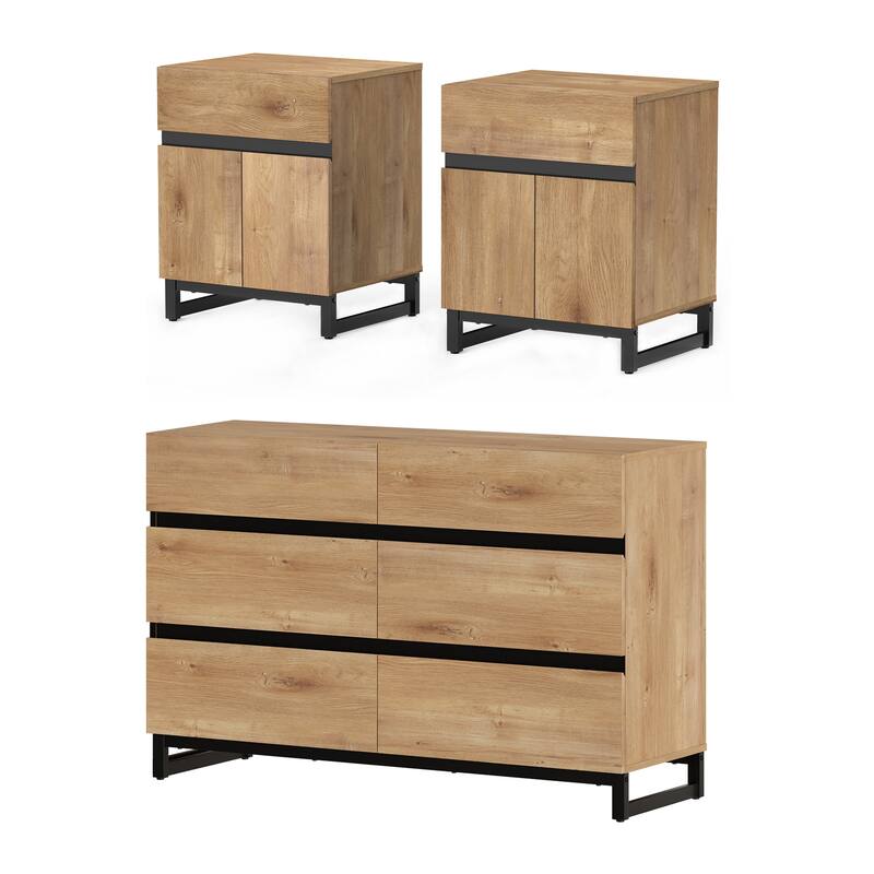 3-Piece Dresser And Nightstand Set, Dresser With 6 Drawers, 2 Nightstand for Bedroom, Bedroom Furniture Set